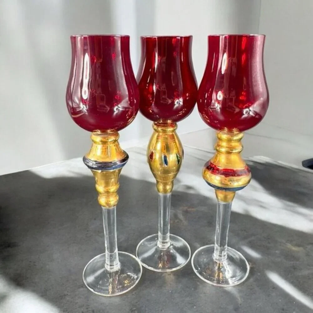 Bombay Company Romanov Ruby Gold Long Stem Cordial Glasses Cadmium UV Glow Set 3